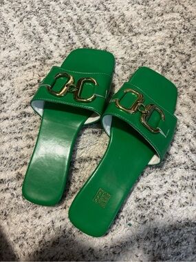 Green Women's Slide Sandals with Gold Buckle Accent